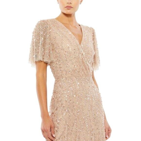 Mac Duggal 35109 Beaded Flutter Sleeve Gown in Nude Size 16 New w/ Tag MSRP $698 - Picture 6 of 15